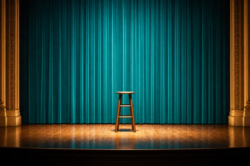 A lit stage with one stool under a spotlight, teal curtain behind