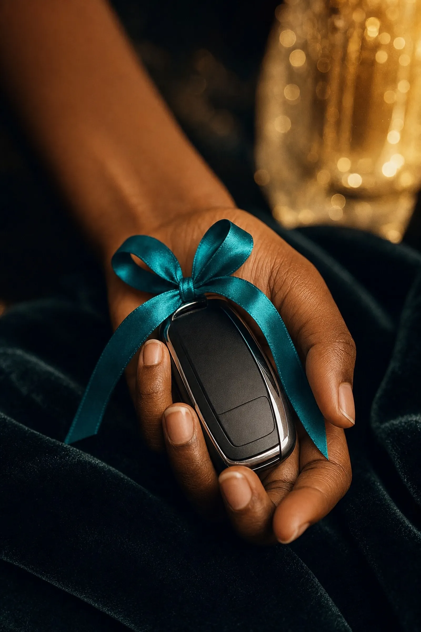 Illustrative: a hand holding a car key tied with a teal ribbon