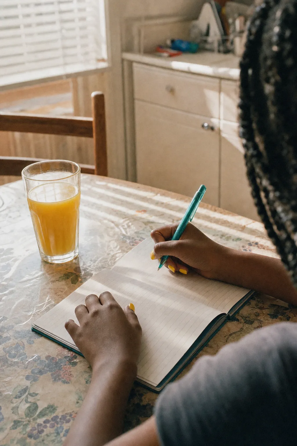 A girl writing in a notebook at a kitchen table in morning light