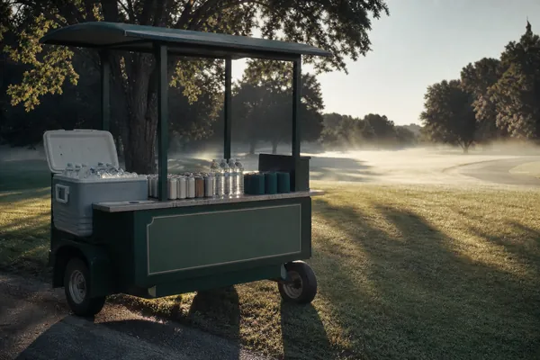 A beverage cart beside a misty fairway