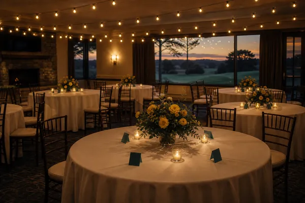 Round tables with yellow centerpieces in a clubhouse at dusk