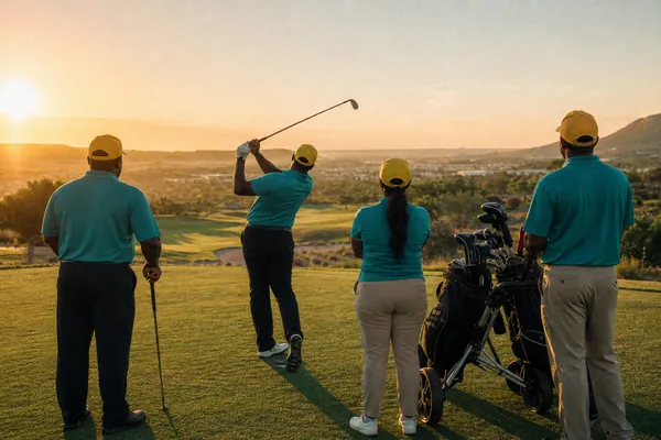 A foursome on the tee at sunrise, seen from behind