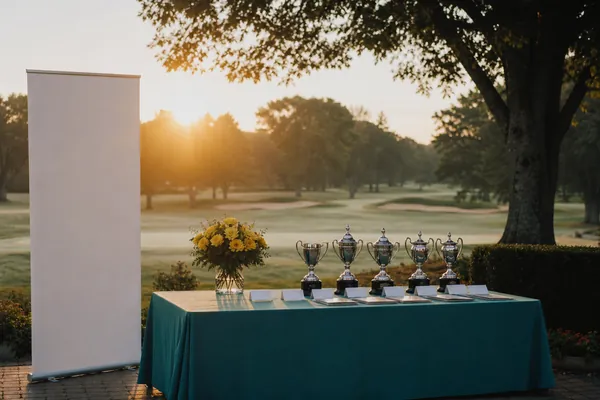 A registration table with trophies and a blank banner at sunrise