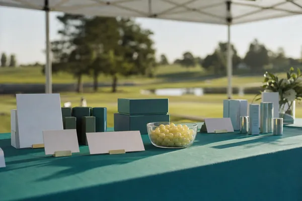 A vendor table under a tent at a golf event